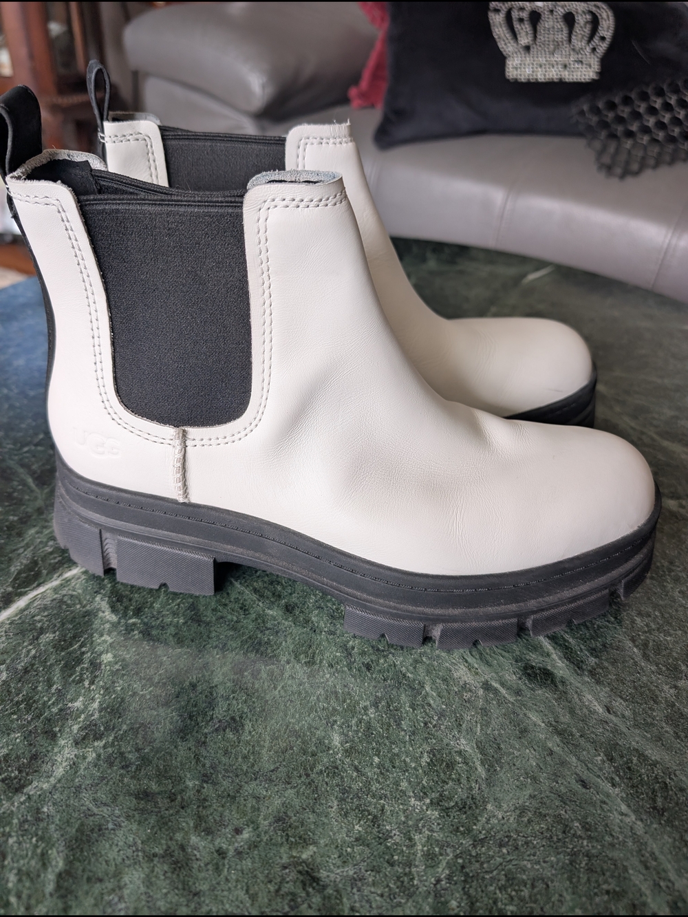 UGG White Chelsea Lug Booties with Black Elastic